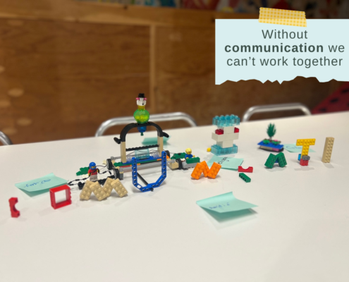 Legos shaped the letters of the word ''Commmunication''.