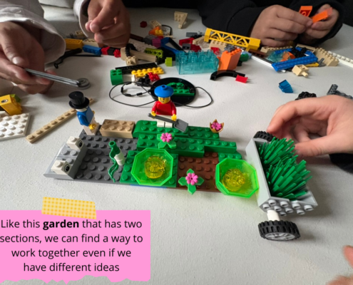 Garden made of Legos symbolizing different ideas becoming one.