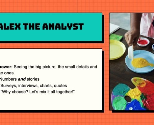 Details about a fictional ''Alex, the Analyst'' who can see the big picture.