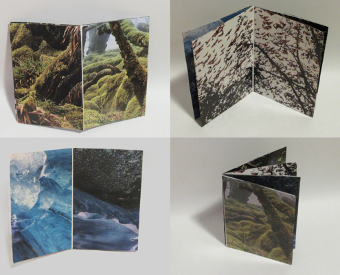 4 views of a zine made of full page collage.