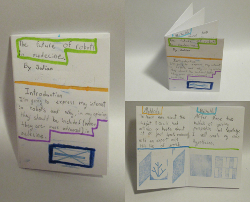 3 views of this zine that shows texte and colourful lines.